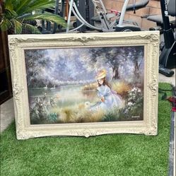 Framed Painting of Woman by Lake