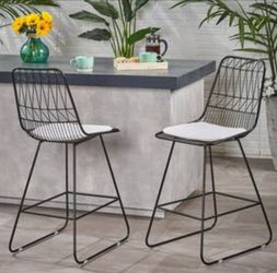 2, Geometric Black Iron, Ivory Cushioned Counter Height Stools