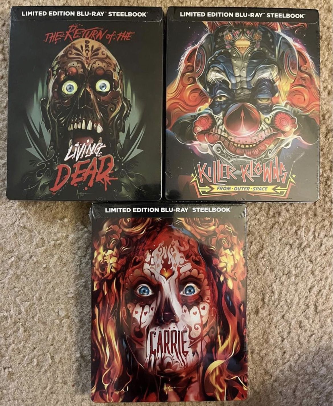 Horror Steelbook lot. Carrie, Return of the Living Dead and Killer Klowns from outer space.