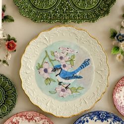 Vintage Cottagecore Charming Handpainted Wall Hanging Plate Bird Glasses Granny Chic Mid Century Art Artwork Collectible 