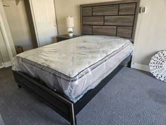 Brand new gray full bedframe + 12" thick soft innerspring + box spring