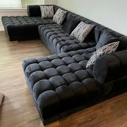 Lipa Black & Ivory & Gray Velvet Double Chaise "U" Shape Sectional Sofa〽️ Online Shopping 〽️Delivery 〽️ Financing 〽️Brand New 