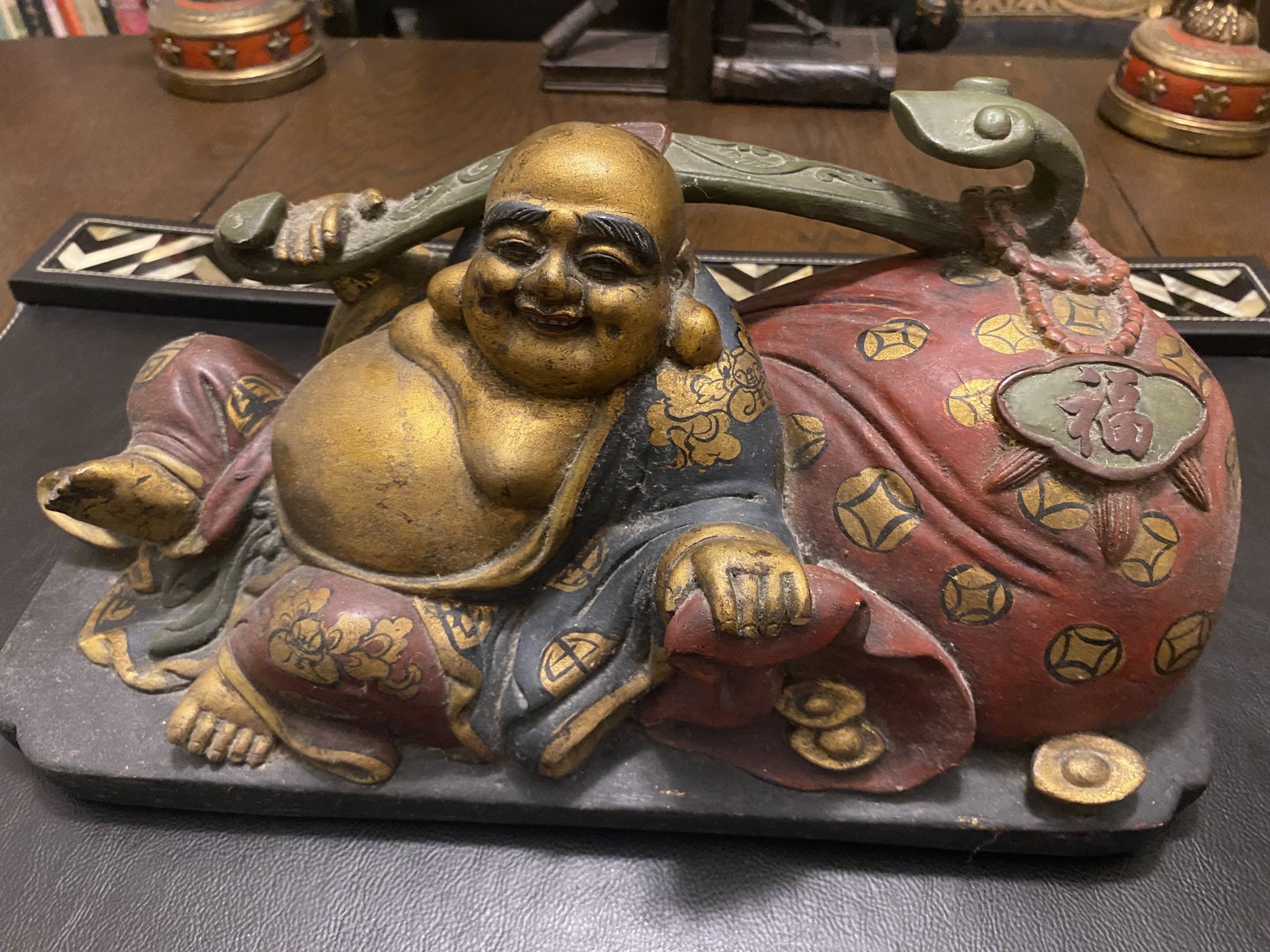  Hand Carved Wood Statue Buddha's Delight - Happy Buddha Beautiful Rich Colors