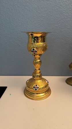 Orthodox communion Brass Embossed Chalice and Paten Set featuring a high-polish gold finish and colorful enameled cross medallions