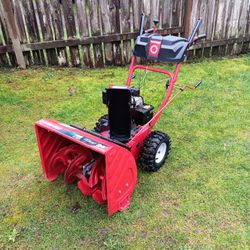 Troy-Bilt snow blower with electric start and pull start with 24" width has 5.1/2 hp motor and 2 reverse and 6 forward runs great 