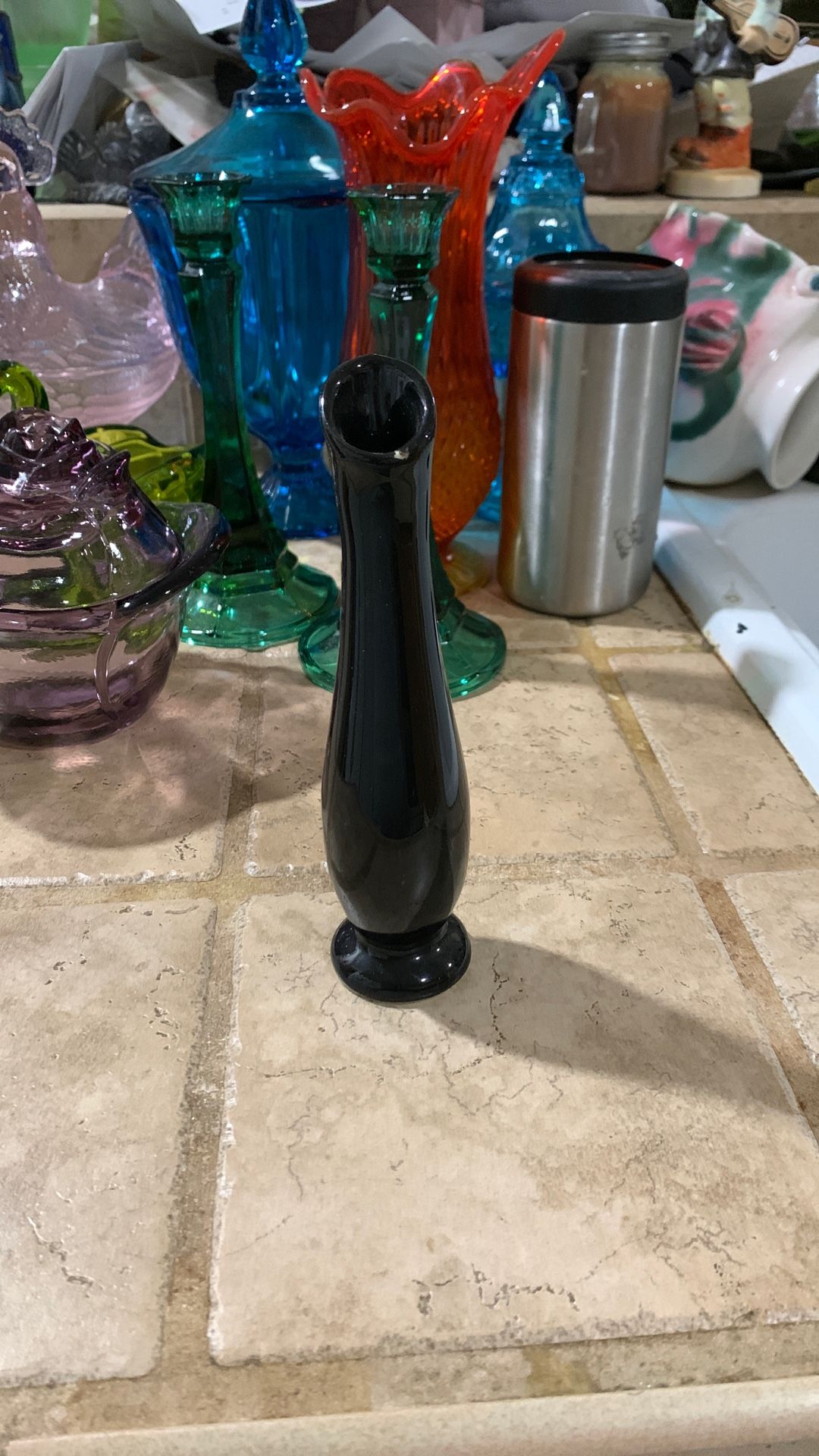 Small Vintage Ceramic Black Swung Vase- Sold As Is Chips On Rim