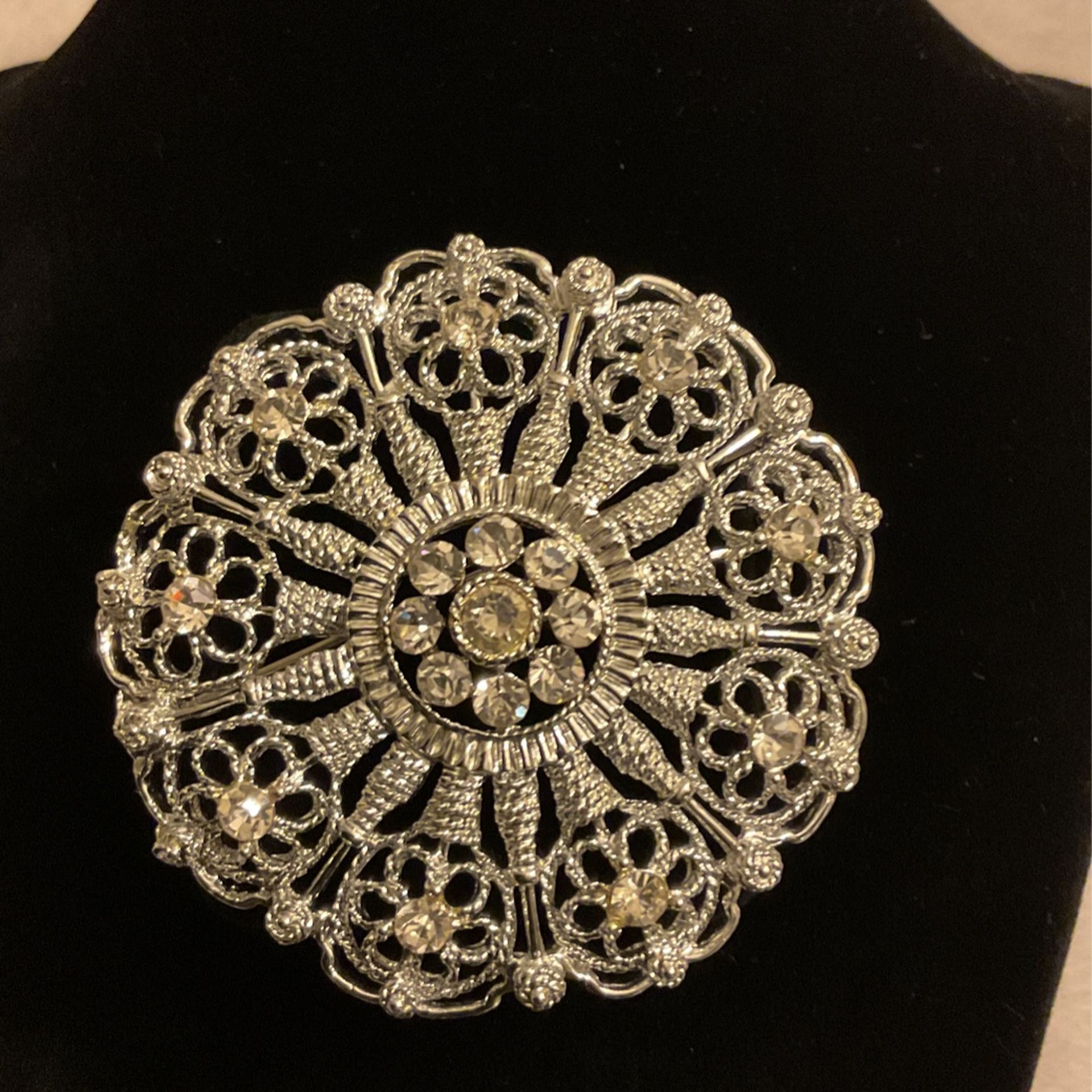 Silver Large Brooch With Rhinestones 