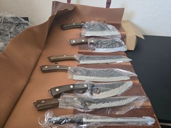 Handmade 7-Piece Kitchen Knife Set 8 in Straight Edge Wood Handles Leather Roll