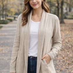 Talbots Petites Beige Open Cardigan SP Cozy Neutral Lightweight Sweater