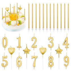 26PCS Birthday Numeral Candles Set for Cake, 10PCS Number 0-9 Glitter Cake Candles with 16PCS Long, Star, Heart Birthday Candles