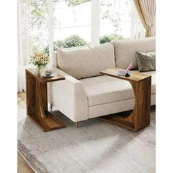 Set of 2 C-Shaped End Table for Couch, Sofa Side Table, C Table for Small Space (Rustic Brown)