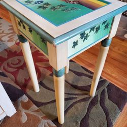 Small WOOD Table Hand Painted with One Deep Drawer