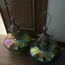 Pair of large Carnival vintage bronze, and iridescent lamps