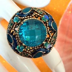 Sajen Peacock Dome Ring Bronze Blue Enamel Crystal Statement Ring