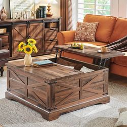 Farmhouse Lift Top Coffee Table with Storage, 36" Wood Square Center Table with Large Hidden Compartment, Rustic Lift Tabletop Dining Table