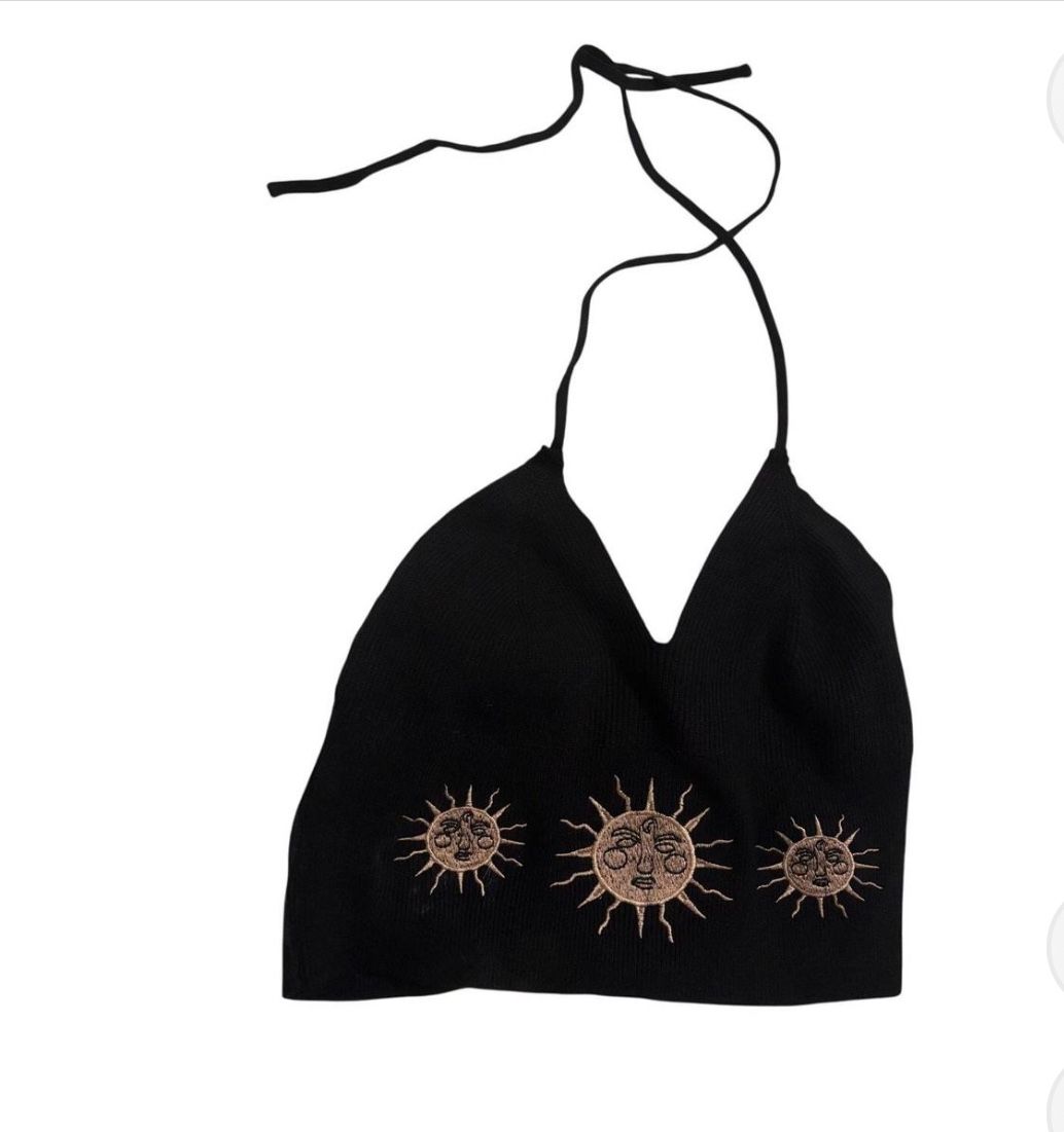 Women’s Black Halter Top, Sun Design, Size Medium