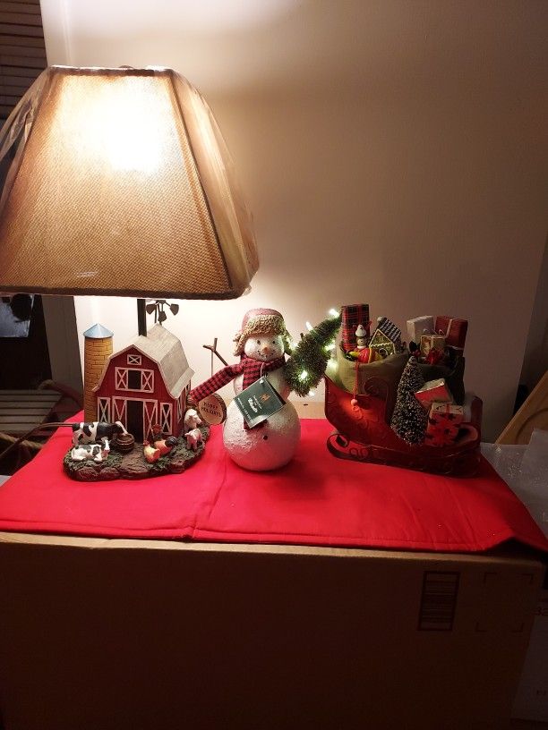 CHRISTMAS BARN, LIGHTED MUSICAL SNOWMAN AND SLEIGH