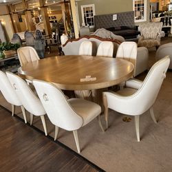 Michael AMINI AICO(High-End)-Caramel Finish 9Pcs Dining Table(Table, 6Pc Side Chair, 2Pcs Arm Chair)