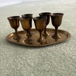 Vintage brass cordial goblets set of six with hammered tray made in India