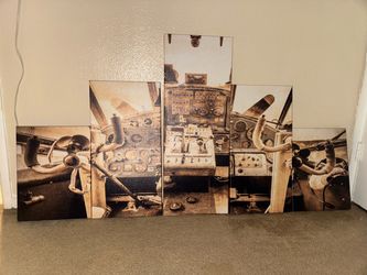 5-piece multi-panel canvas wall art displays a vintage sepia-toned airplane cockpit control panelists