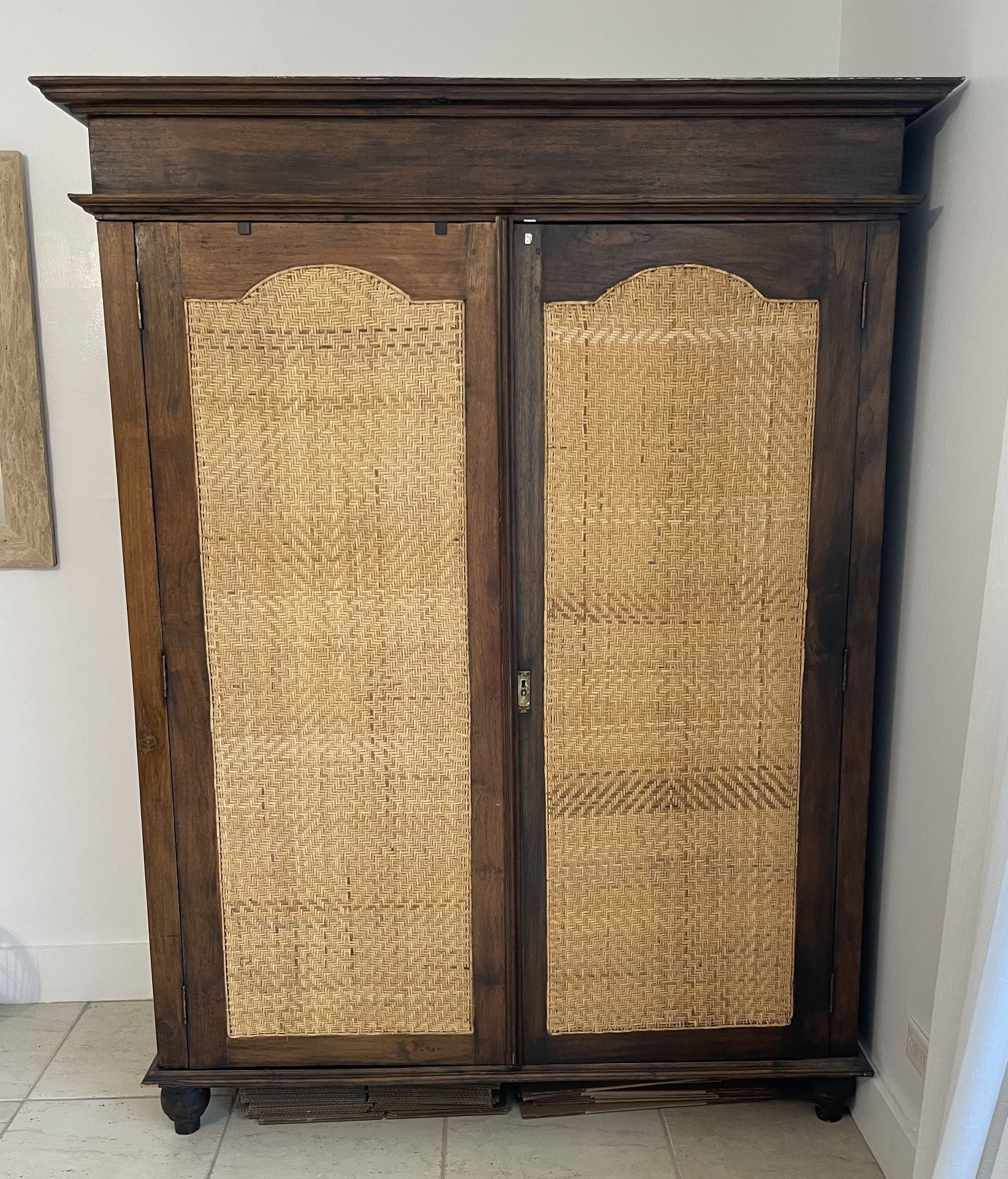 Maple Wood and Real Rattan Vintage Armoire Wardrobe from the Paris Flea Market Closet 