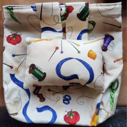 Sewing Storage Tote Bag With Attached Pin Cushion.  Measures About 8" Inches Across X About 8" Inches Tall. 