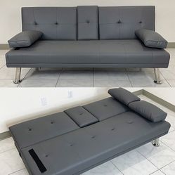$155 (New in Box) Sofa bed futon convertible folding recliner couch furniture 65x30x31” cup holder 