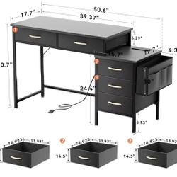 ✌️ Computer Desk with Charging Station,  Office Desks with Fabric Drawer File Cabinet Printer Stand, PC Desk with 5 Drawers, Study Writing Table, Work