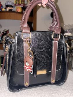 Black Faux Leather Handbag w/ Brown Handles & Charm