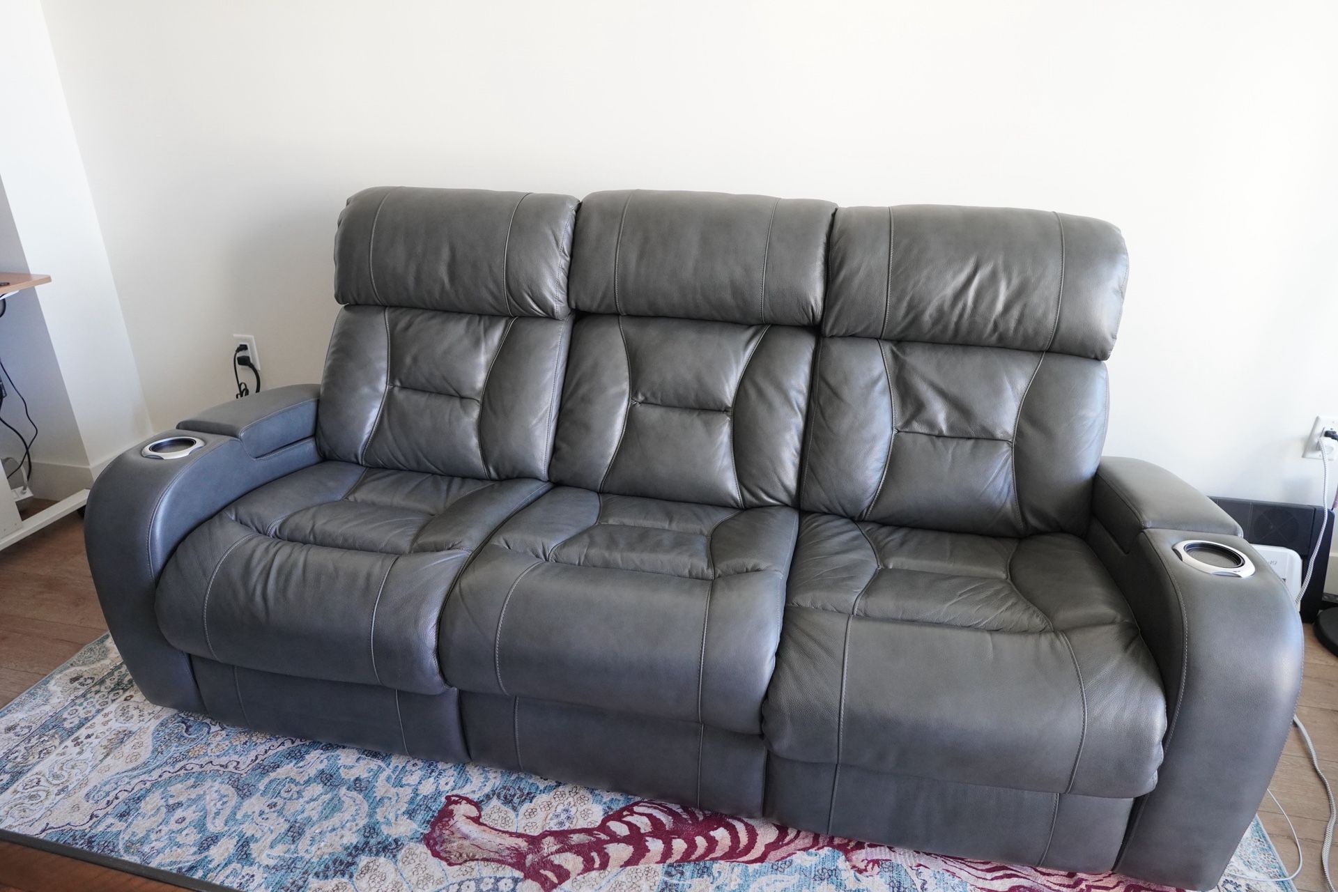 Leather Power Recliner Couch (3 Seater With Cup holders, Arm Storage, and Chargers)