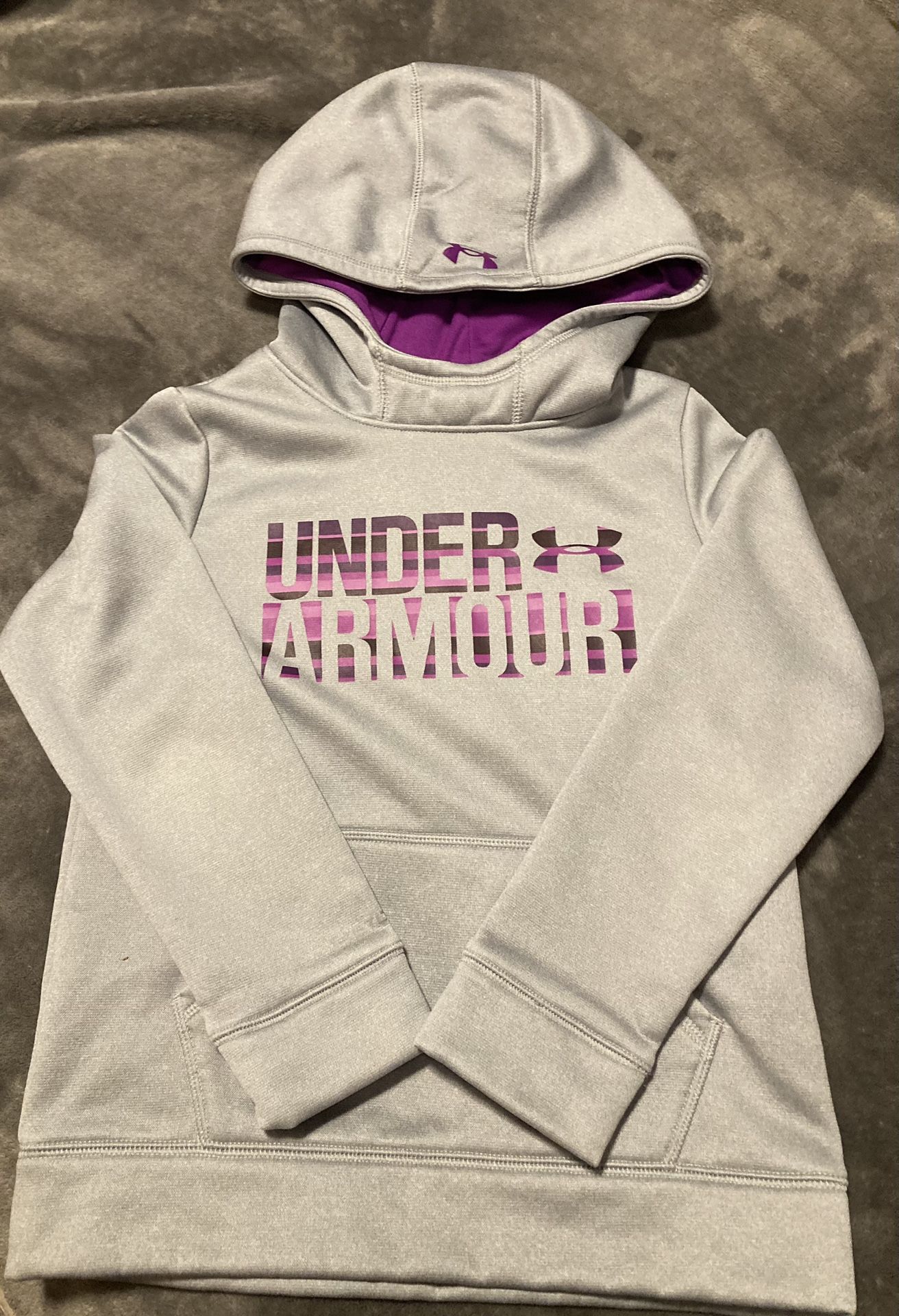 Gently Used Under Armour Storm Hoodie - Girl's YSM, Gray with Purple Logo, Cozy Fleece