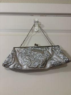 Silver Sequin Evening Clutch with Chain Strap