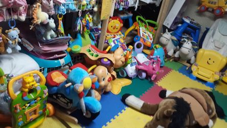 Baby activity centers $10, rocking horses $20, ride on toys $10, grocery carts $5, toy book bags and roller bags $5 to $10