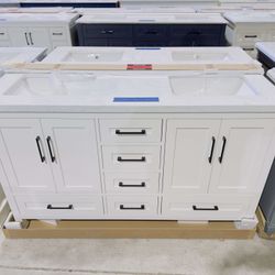 “60” Double Sink Bathroom Vanity in White Color with Black Handles and Marble Top in White  $915 