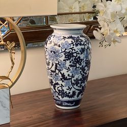 Blue and White Floral Large Tall Vase 16 1/4” H