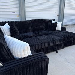 Black Super Fluffy Corduroy Sectional Couch With Storage And Pop Up Bed Delivery Available 🚚