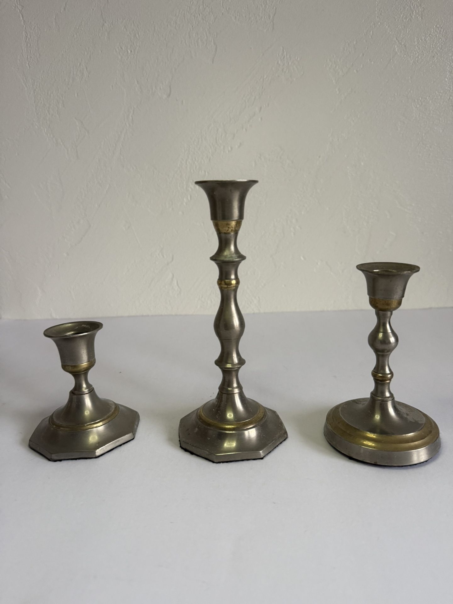 Vintage Mixed-Size Brass & Pewter Candle Holders - Set of 3