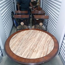 Beautiful Marble Center Surrounded By Cured Burgundy Oak Table With 4 Chairs