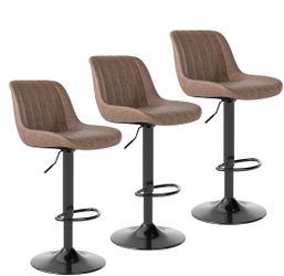 chair Bar Stools Set of 3, Swivel Counter Height Barstools with Back, Adjustable PU Leather Bar Chairs, Modern Armless Kitchen Island Stool, Light Bro