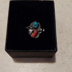 Turquoise & Coral Sterling Silver Ring 