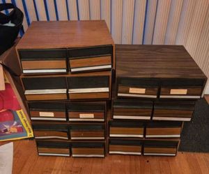 9 VHS vintage wood drawer box video cassette tape storage cabinet holder grain lot