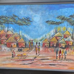 Original Hand-Painted Village Scene - Framed