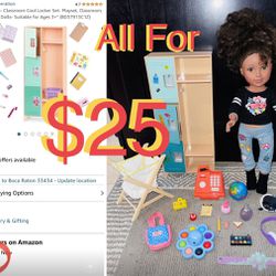 $25 Bundle of our Generation Cool locker set playset Classroom And 18” Kyla Doll Plus accessories