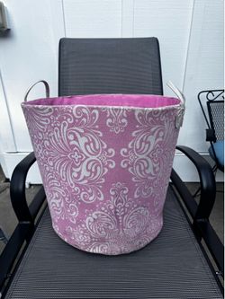 Pink Damask Fabric Storage Basket Hamper w/ Faux Leather Handles 18”