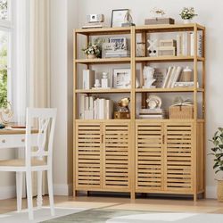 6-Tier Bamboo Book Shelves with 2 Door, Tall Bathroom Storage Cabinet Freestanding Natural Bamboo Cabinet, 67" Tall Cabinet w/Plant Stand for Home Off