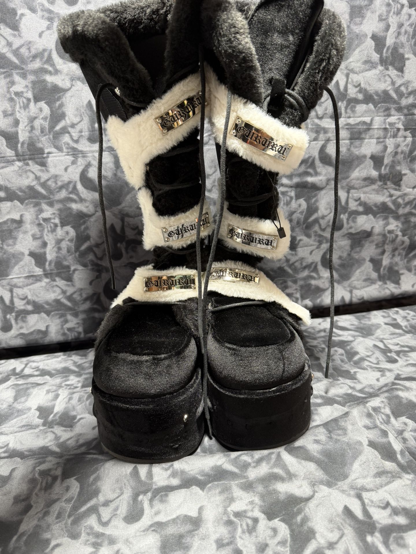 GURURU Women's Goth Boots with Bone Shape Elements - Mid Calf, Chunky High Heel, Punk Goth, Warm Fur Platform Boots