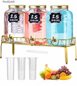 New Lallisa 3 Pcs 2.5 Gallon Beverage Dispensers for Parties Glass Drink Water Dispenser with Stand Stainless Steel Leakproof Spigot Ice Cylinder Hang