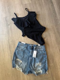Black Ruffle Swimsuit & Denim Shorts Bundle top size : large brand new & shorts size :13