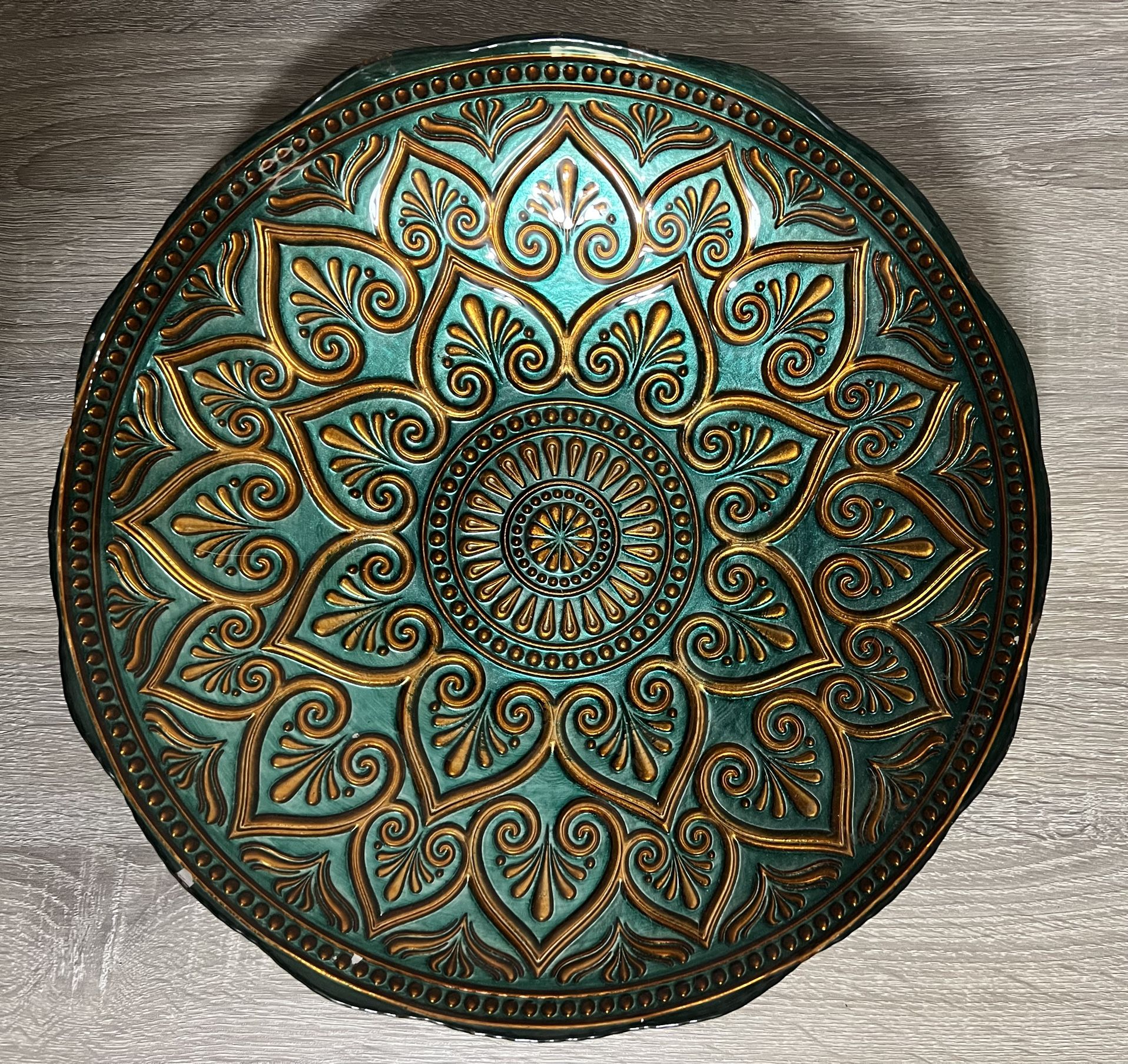 Large Green & Gold Turkish Art Glass Bowl: Hand-Painted Mandala Centerpiece