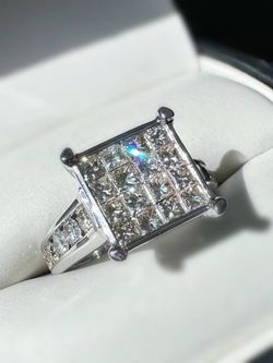 14K White Gold 3CTW Natural Diamond Princess & Round Cut Ring Sz5.25